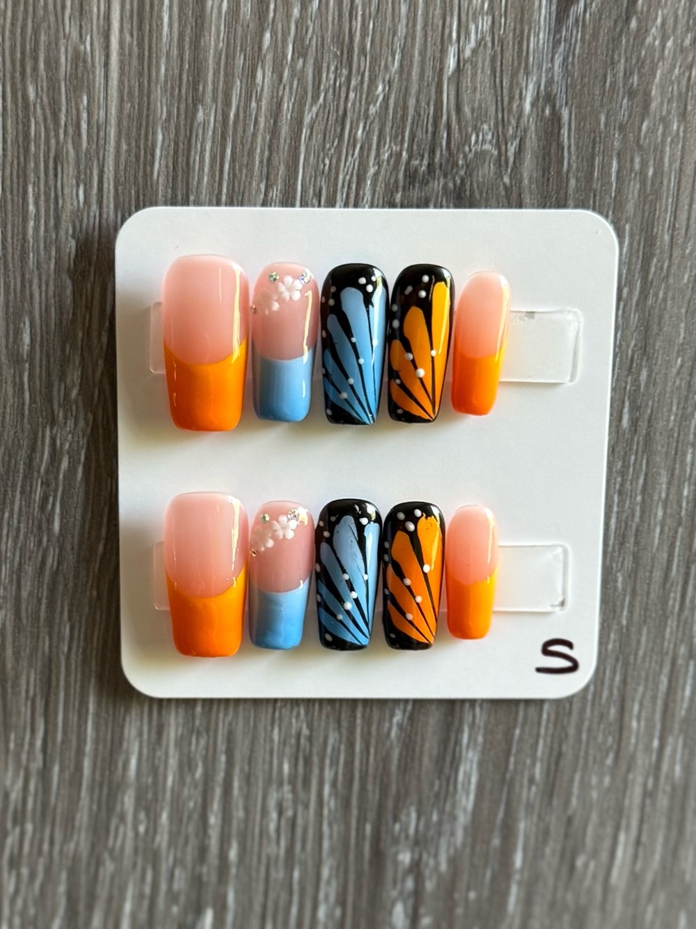Hand-Painted Press-On Nails in Orange, Blue & Black Butterfly